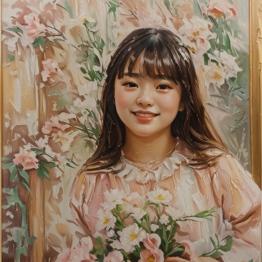 painting of a  holding a bouquet of flowers in a garden, girl in flowers, portrait young girl, portrait of a cute girl, young girl, oil painting h 768, portrait of a japanese girl, [ oil painting ]!!, cute young girl, portrait of cute girl, beautiful portrait oil painting, portrait oil painting, chinese girl, young asian girl