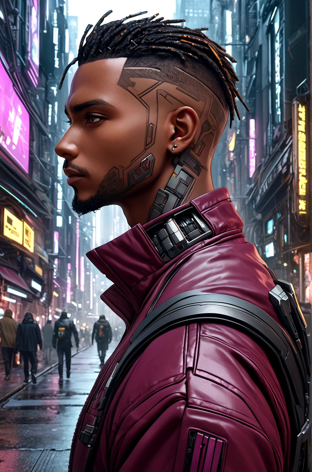 Best quality, masterpiece, full of details), 1male, official anime art illustration, African American Male with purple eyes, Dark skin man in a leather maroon colored jacket walking down a street, slickback hair, faded haircut, hyper-realistic cyberpunk style, portrait of a cyberpunk man, cyberpunk art ultrarealistic 8k, cyberpunk style ， hyperrealistic, cyberpunk character, trendin on artstation, cinematic full character, trending on artstation 4k, portrait of a cyberpunk cyborg, cinematic realistic portrait, cyberpunk hero perfectly photorealistic, incredibly detailed, 8k, UHD, masterpiece, best quality, ultra detailed, intricate,