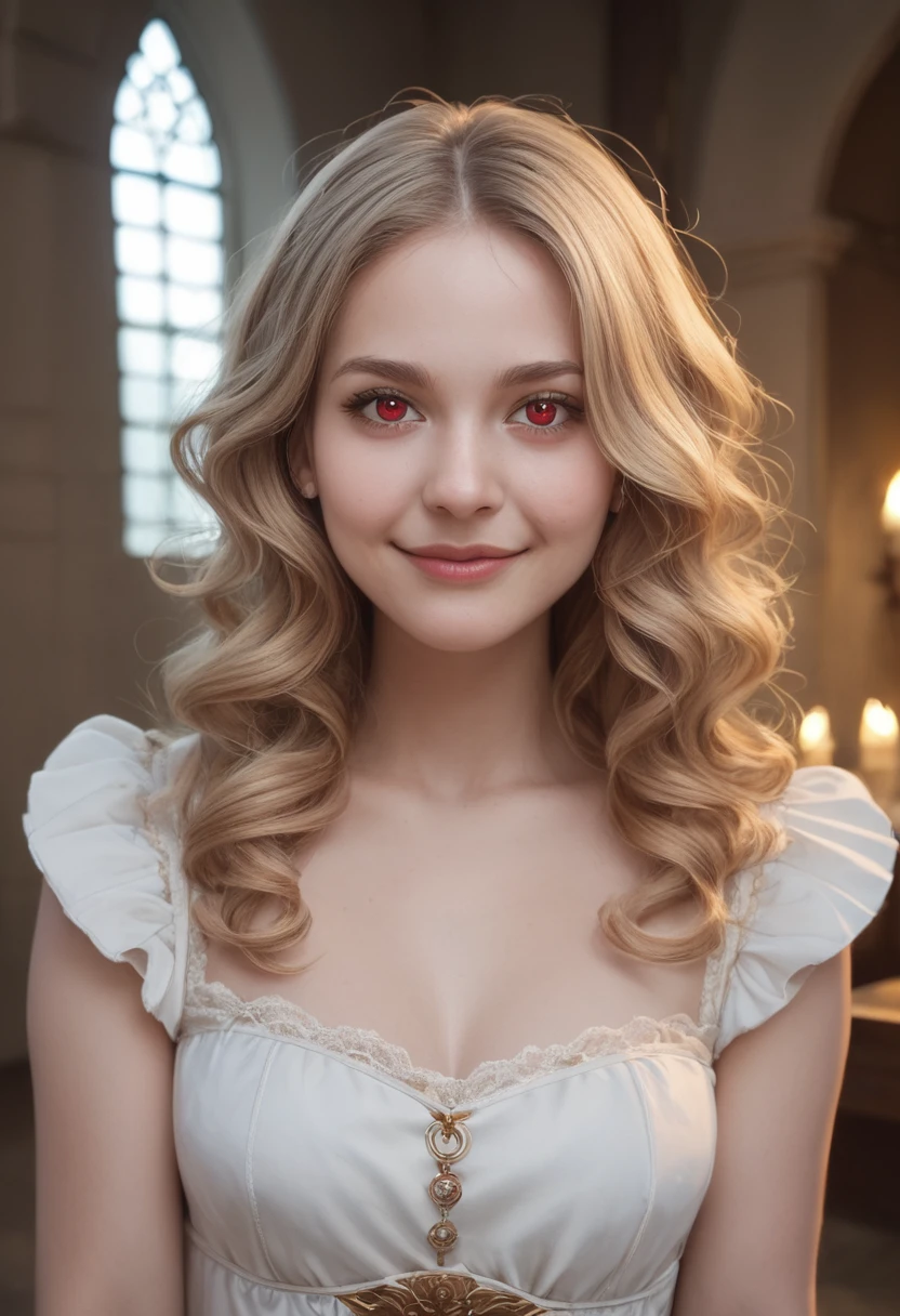 score_9, score_8_up, score_7_up,A photorealistic portrait of a 29-year-old European girl with long sultry light dark blonde wavy hair and piercing red eyes, and full but natural lips. Oval shaped face but nice defined cheek bones. Wearing adorned white medieval dress. She should have a natural, approachable expression such as a smile and be illuminated by soft,moonlight. The background should be a scenic indoors setting, inside a castle. Capture this image with a high-resolution photograph using an 85mm lens for a flattering perspective."