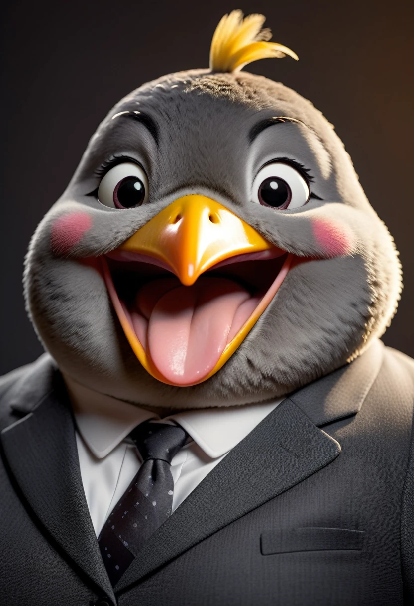 face close up photo of anthropomorphic fat chick ,(beak), dressed in a dark gray suit, (sticking out tongue:1.5),(happy smile:1.5),(playful:1.2), soft lighting, Cinematic, hdr, primitive, Intricate, High quality, smoothing tones, Intricate details, Low contrast,(viewed from side:2.0), (looking at viewer:1.5), simple background