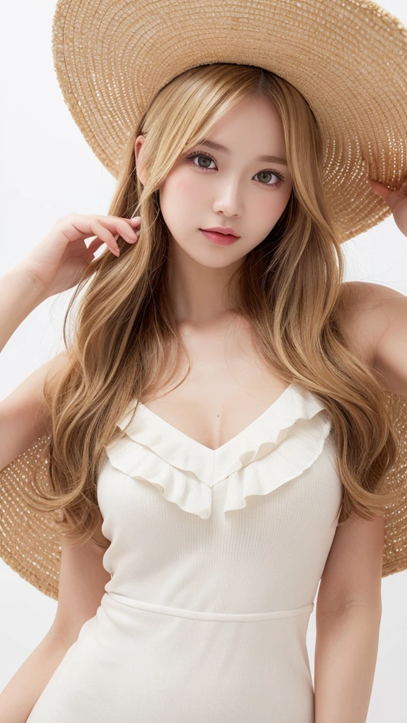 (((forehead、Blonde、Northern Europe、White、beautiful girl、Blonde、White background、sexy、Straw hat、one piece、summer)))、table top, highest quality, figure, super detailed, finely, High resolution, 8k wallpaper, Perfect dynamic composition, detailed and beautiful eyes, Deco out,blonde, medium hair, super big breasts, natural color lip,white background, random cute poses,frill dress