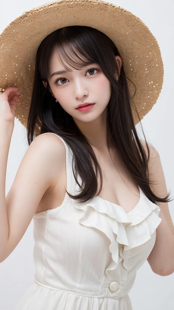 (((forehead、Northern Europe、White、beautiful girl、Black Hair、White background、sexy、Straw hat、one piece、summer)))、table top, highest quality, figure, super detailed, finely, High resolution, 8k wallpaper, Perfect dynamic composition, detailed and beautiful eyes, Deco out,blonde, medium hair, super big breasts, natural color lip,white background, random cute poses,frill dress