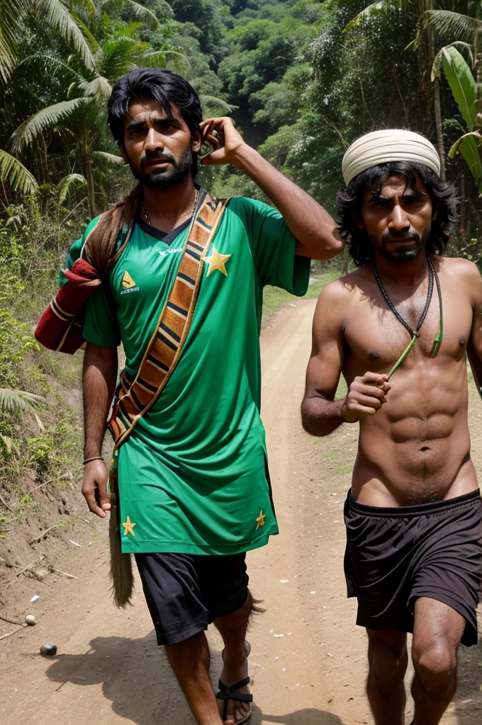 Make a imaginary image of Pakistan cricket team players like tribal people and poor in journey to Brazil jungle on the way for Pakistan
