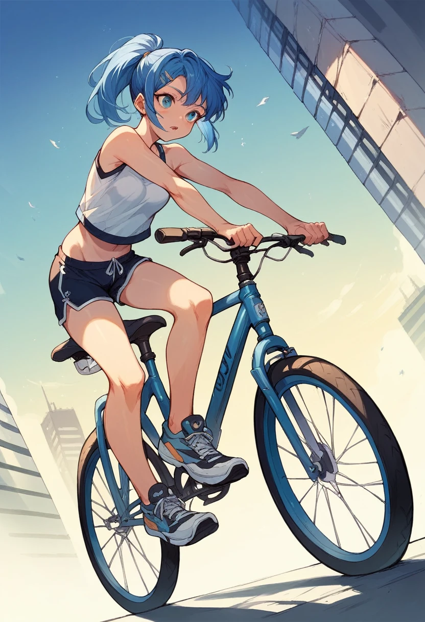 a girl rides a bicycle, dolphin shorts, blue hair, ponytail, in futuristic city,
