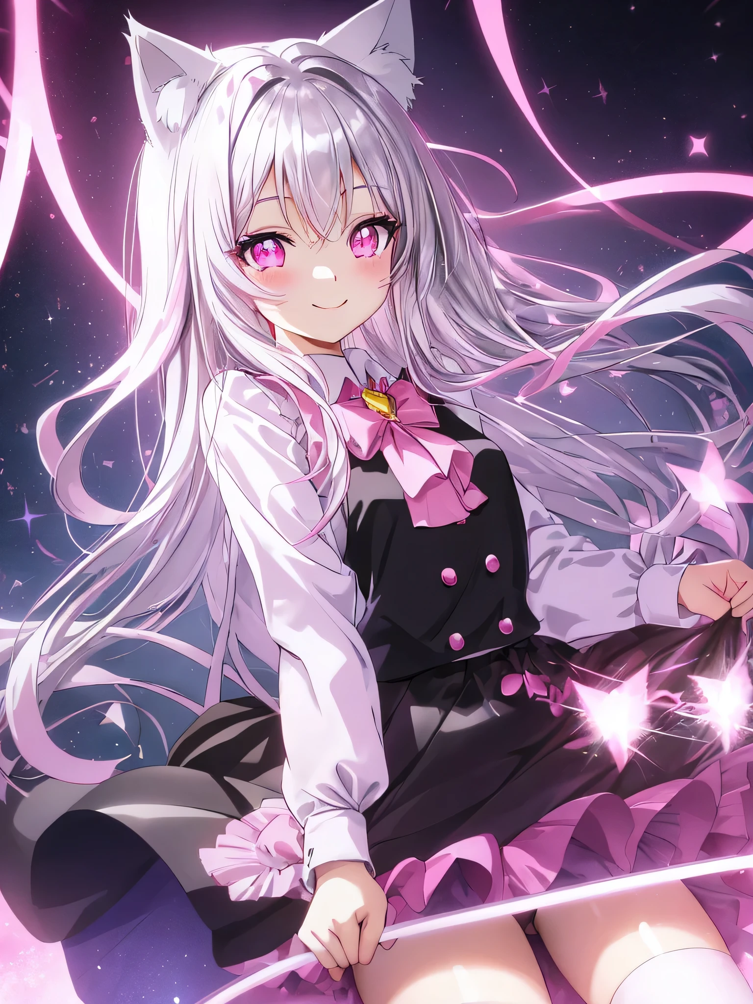 anime,Sparkling eyes,Highlighted eyes,Medium chest,pretty girl,smile,Cat ear,Beautiful silver hair,Pink inside,Beautiful pink eyes,Oversized shirt,skirt,black tights