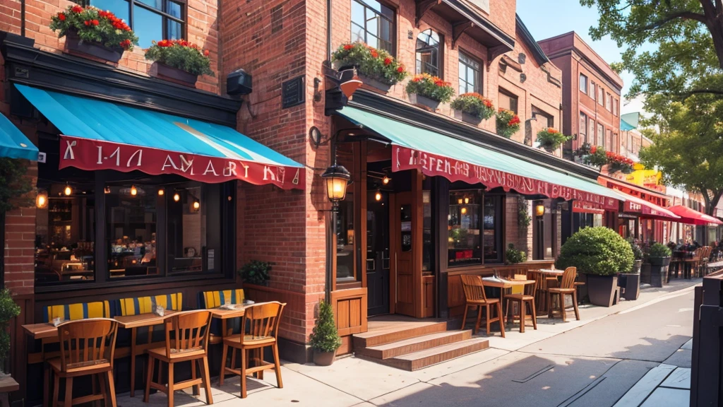 A lively and celebratory American-style restaurant exterior, vivid colors, detailed architecture, outdoor dining, festive decor, vibrant atmosphere