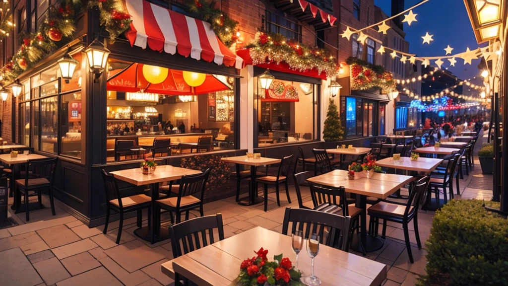 A lively and celebratory American-style restaurant exterior, vivid colors, detailed architecture, outdoor dining, festive decor, vibrant atmosphere