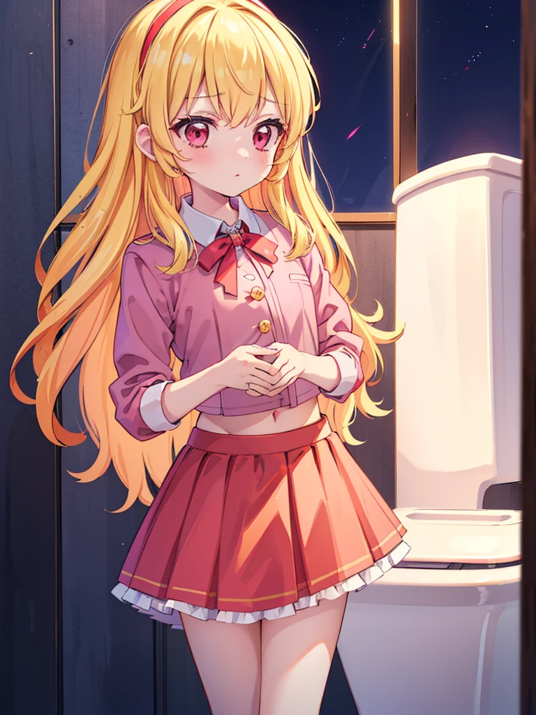 Aikatsu,blonde_hair,red_hair_band,(masterpiece:1.2, highest quality), Ultra-detailed illustrations, Perfect Anatomy, (Skirt flip:1.5), ((Grab the skirt:1.3)),((panties)), alone, 1 Female, big_chest, (Apply blush all over the face), Embarrassing, カウボーイshot, (toilet:1.2),(Toilet:1.3), dirty, (night:1.5),(Dark Background:1.1), , Very fine hand, panties_shot, ((Emphasize white_panties:1.5)), Roll up your skirt:1.6, Place your hands in front of your stomach,
