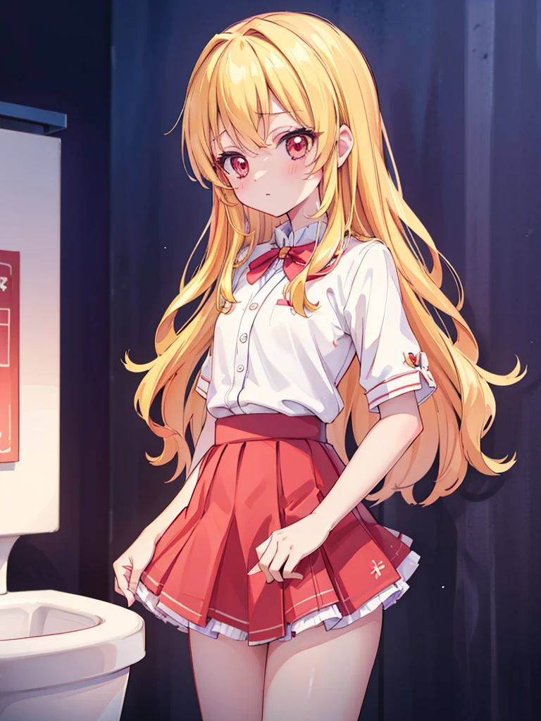 Aikatsu,blonde_hair,red_hair_band,(masterpiece:1.2, Highest quality), Ultra-detailed illustrations, Perfect Anatomy, (Skirt flip:1.5), ((Grab the skirt:1.3)),((panties)), alone, 1 Female, big_chest, (Apply blush all over the face), Embarrassing, カウボーイshot, (toilet:1.2),(Toilet:1.3), dirty, (night:1.5),(Dark Background:1.1), , Very fine hand, panties_shot, ((Emphasize white_panties:1.5)), Lift up your skirt:1.6, Place your hands in front of your stomach,