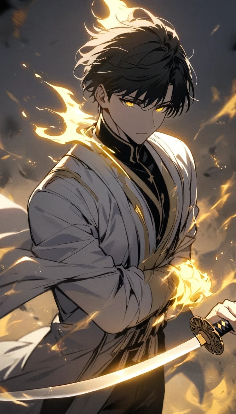 Handsome, alone, male, Short hair, Calm head, black hair, yellow eyes, white shirt, black pants, white coat, white flame,holding a katana in one hand, The blade glows yellow and white