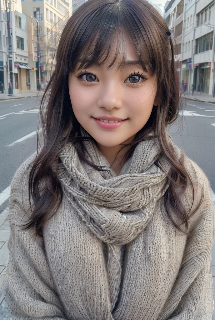 1 girl、Photoreal、amazingly beautiful、(highest quality、8K、32K、masterpiece、nffsw:1.3)、(realistic、super detailed、Best detailed body capture、eye for detail, beautiful eyes、Street view、(perfect anatomy:1.3)、(no mask:1.photograph、table top)、((No makeup))、cute japanese woman、、high school girl、young girl、have bangs、double eyelid、drooling eyes、big black eyes、attractive、purity、cute smile、natural smile、watch here、realistic skin type、thick muffler、knit sweater、The front of the coat is open、((scarf hair))、the wind is blowing、It's snowing、illumination、Light is shining from behind、medium bob cut、Do not show eary eyes are big,slightly sagging eyes,No makeup,((big breasts)),((Voluminous bust))、my hands are behind my waist、'invisible. REGRETTING FACE