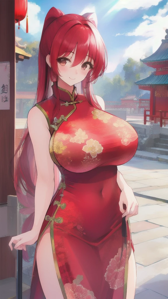 tamakikousaka, huge_breasts, standing, solo, china_dress, masterpiece, best quality, detailed face, detailed eyes, highres,,Smile,station square,Sunlight,Face red