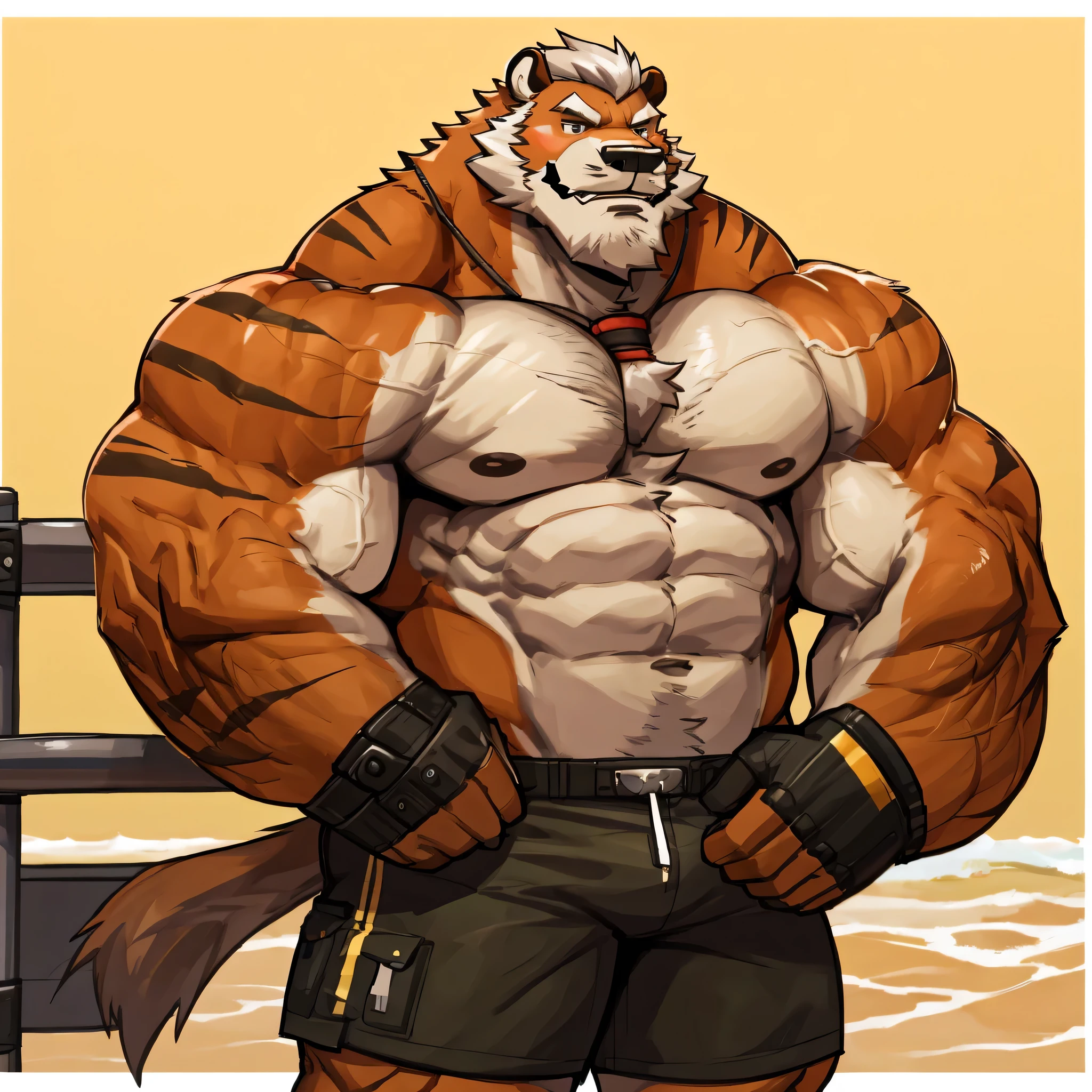 solo, 1boy, Huge Muscular Old Grizzly Bear wearing glasses , pectoral, huge pectoral, wide pectoral, short white hair, short pants black wristbands and shirtless topless, bearded, Mustache, muscle beach background, front row,
masterpiece, high detailed, 8k, high resolution, at the muscle beach working out his chests on the cable crossover UF-T009 - UpForm machine carrying over 100lbs and 45kgs of weight equipments as pumping up and pushing up to the limits