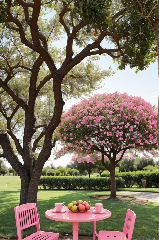 Create a pink and melon-colored fruit tree, with reluctant coffee, muy frondoso, y que los frutos tengan la forma de una fresa pero en color naranja