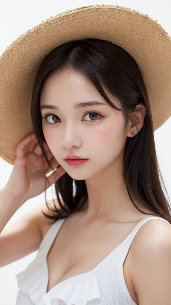 (((forehead、Northern Europe、White、beautiful girl、Black Hair、White background、sexy、Straw hat、one piece、summer)))、table top, highest quality, figure, super detailed, finely, High resolution, 8k wallpaper, Perfect dynamic composition, detailed and beautiful eyes, Deco out,blonde, medium hair, super big breasts, natural color lip,white background, random cute poses,frill dress