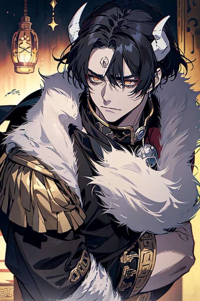 anime, male with two black horns, golden glowing eyes, bangs, handsome guy in demon slayer art, handsome japanese demon, detailed digital anime art, black hair, anime handsome man, male anime character, inspired by tite kubo, mid 20s, masterpiece, light pencil strokes