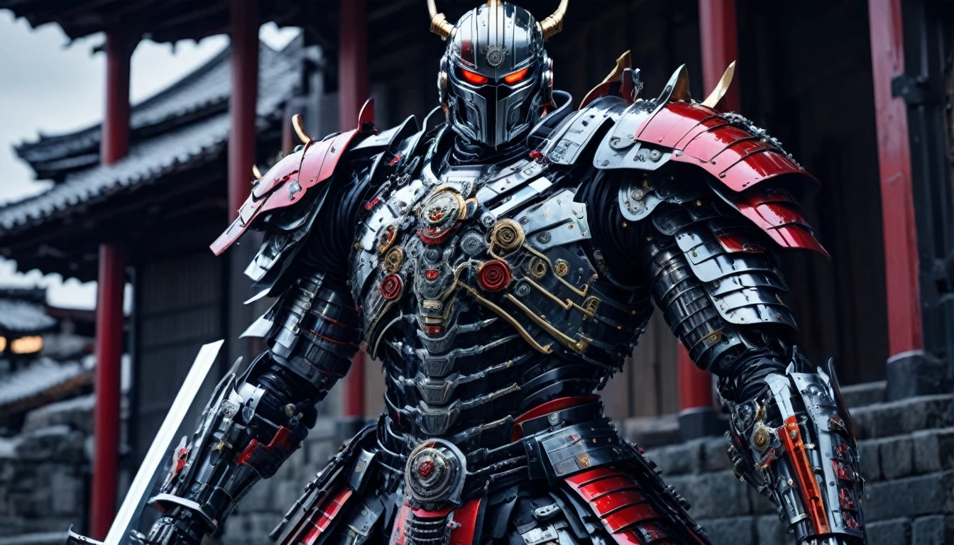 foto realista de cyborg shogun con gran espada katana, Muy detallado, metal armor, colores rojo y negro de armadura, LEDs brillantes en armadura, mechanical parts in armor, Castillo de Osaka al fondo, fondo inmersivo, movie style, tiro completo (cuerpo completo), panoramic, low angle shot, 8K, foto cruda