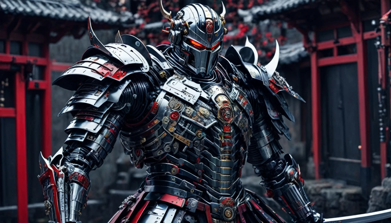 foto realista de cyborg shogun con gran espada katana, Muy detallado, metal armor, colores rojo y negro de armadura, LEDs brillantes en armadura, mechanical parts in armor,  Castillo de Osaka al fondo, fondo inmersivo, movie style, tiro completo (cuerpo completo), panoramic, low angle shot, 8K, foto cruda