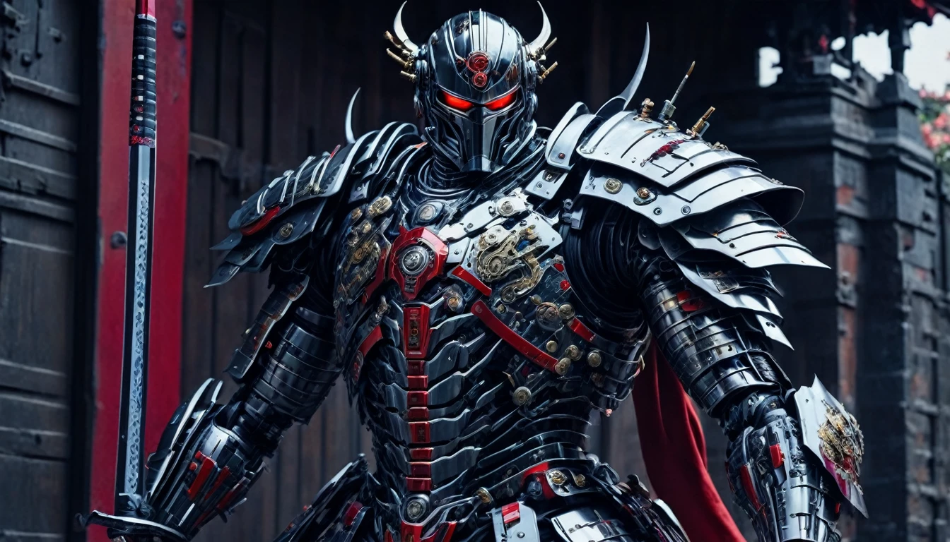 foto realista de cyborg shogun con gran espada katana, Muy detallado, metal armor, colores rojo y negro de armadura, LEDs brillantes en armadura, mechanical parts in armor,  Castillo de Osaka al fondo, fondo inmersivo, movie style, tiro completo (cuerpo completo), panoramic, low angle shot, 8K, foto cruda