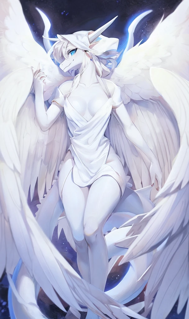 (((Dragon))), female, ((furry)), (white robes), ((best quality)), (by honeycalamari), ((ultra detailed)), ((ultra defined)), ((perfect lines)), ((perfect eyes)), ((perfect face)), ((sky background)), (nice hands), (perfect hands), (blue eyes), (hourglass figure), ((breasts)), thighs, ((solo)), feathered wings,
