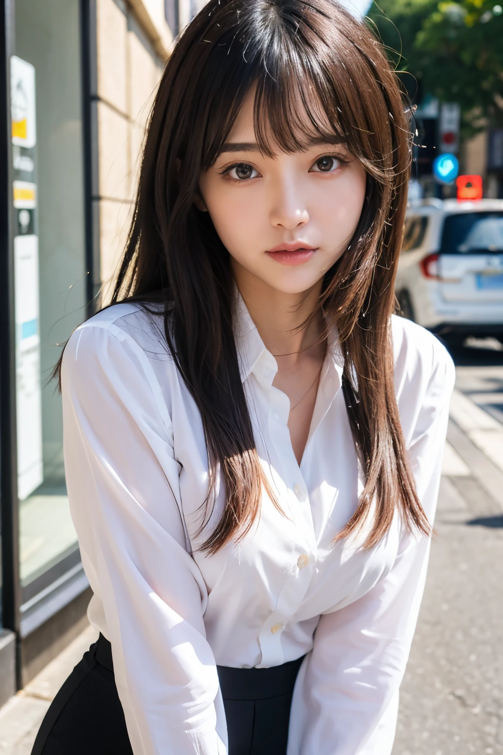 highest quality、High resolution、8k、Realistic、Beautiful Eyes、Detailed face、
Bust up from the front、
Japanese、Japanese Idols、Plump woman、20-year-old、Straight Long Hair、bangs、
Natural color lip、Natural Makeup、very cute、business suit、(Elegant buttoned shirt)、Open jacket、office lady、pants、 Narrow waist、
In town、pedestrian traffic、