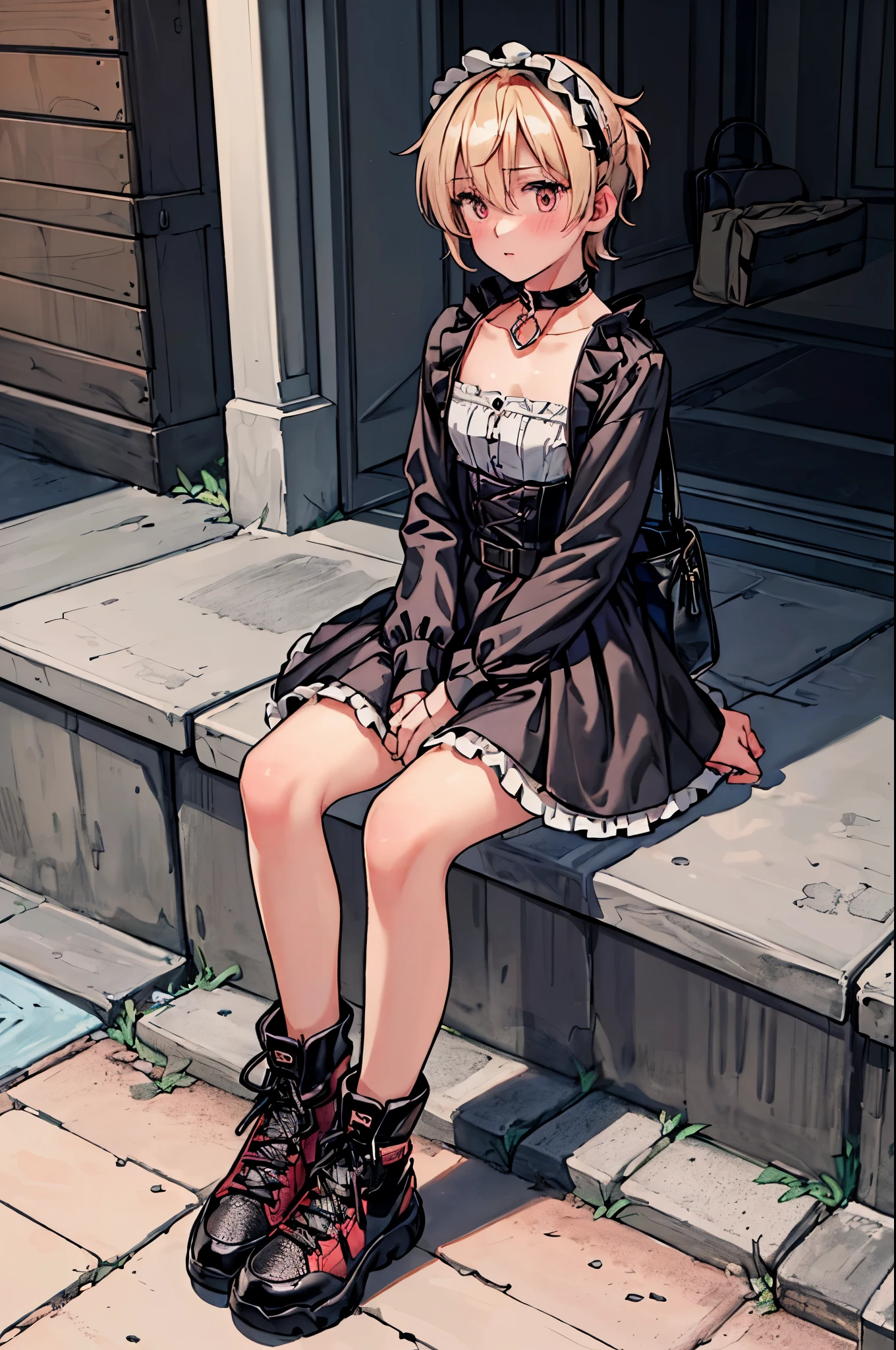 best quality,ultra-detailed,((background:outside street1,8)),((one boy)),((fem boy)),((trap)),((bulge)),black-choker,((blonde short hair)),((man’s face)),((dress up as a woman)),((blush)),((flustred)),((poor chest)),((flat chest)),((gothic-ta-fashion)),(black-gothic-tops),(gothic-skirts,(race-up-long-boots),(sneakers),((having a carry-bag)),vibrant colors,soft lighting,