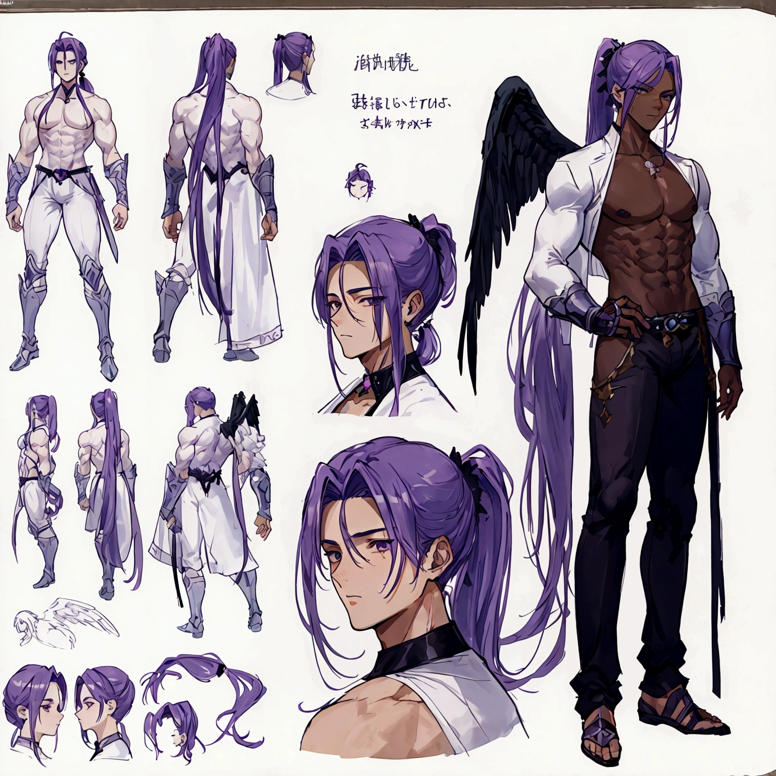 (Masterpiece, best quality), detailed, 1 man, ((character concept art)), ((character design sheet, same character, front, side, back)), full body, body complete, 1 Male, 1 Man, Detailed face, character design sheet,full bodyesbian, Highly detailed, character sheet, character design, Many parts, dark skin, angel wings, long ponytail purple hair, angel outfit, muscle male god, male clothes, masculine, muscle man, male muscle, manly, male angel, Muscle male with purple long ponytail hair,beautiful man, abs, pectoral muscle