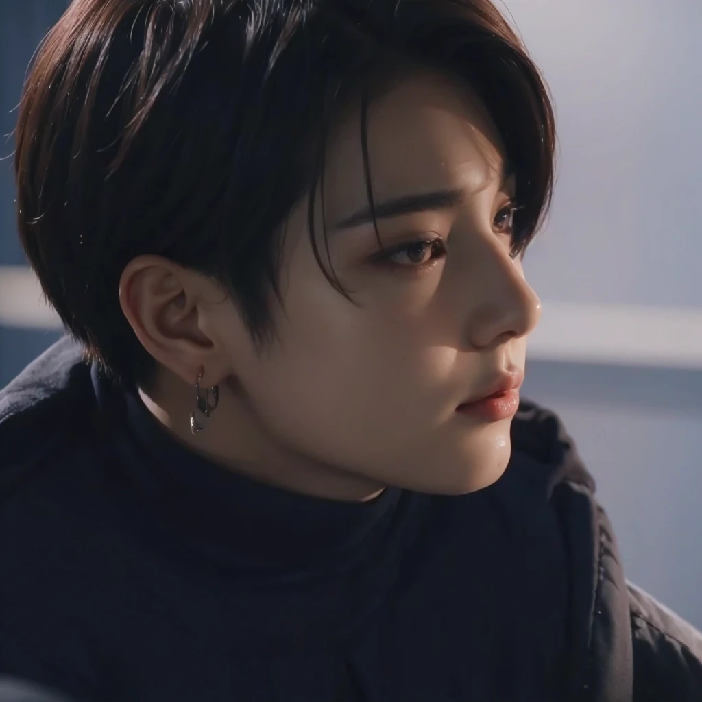 Kpop boy, Jeon Jungkook, smooth skin, big eyes, beautiful lips. 
