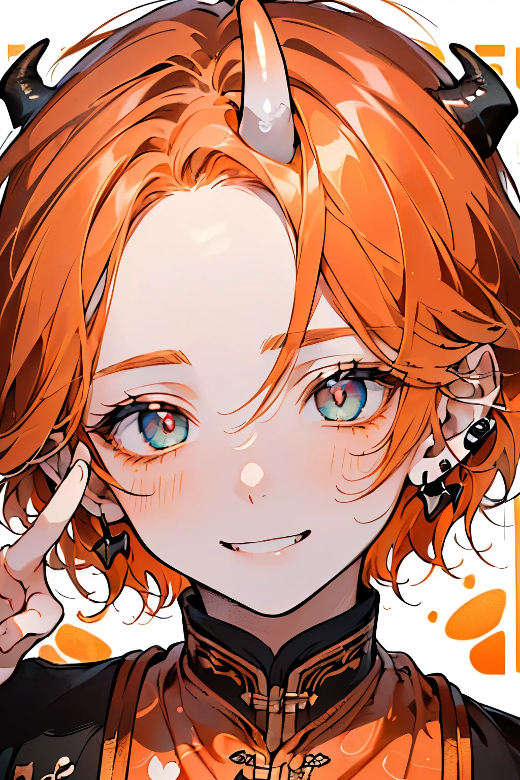 ,(((men's:1.3))),((淡いorange hair:1.3)),(Shiny marble eyes:1.45),(forehead mark),(NSFW:1.05),((very short hair:1.2)),((Small demon horn:1.4)),(A lustrous, soft face:1.4),((blush、Mischievous Smile、Excited face:1.2)),((head down:1.3)),((peace:1.5)),((POP and cute animal footprint background:1.25)),((Gorgeous Arabian costume:1.3)),(black、yellow、white、pink),((Shrugging:1.2))