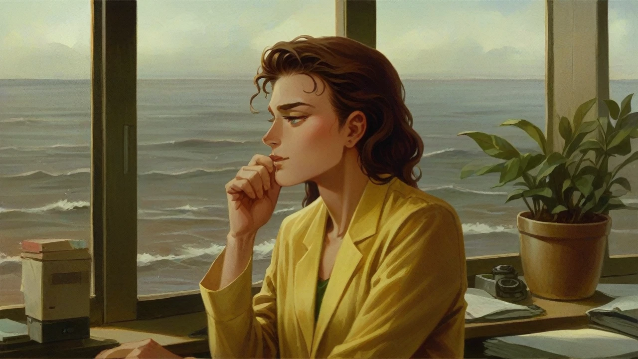 Make me an image of a paparazzi flash photography photo of Zach Galifianakis with long brown wavy hair and at an office table with a computer on it. In the background which you can see through the low budget 80s decor, you can see a beautiful blue sky photo of a wave about to crash on the shore. Flash 1990s posted to reddit in 2017 --style raw --s 0