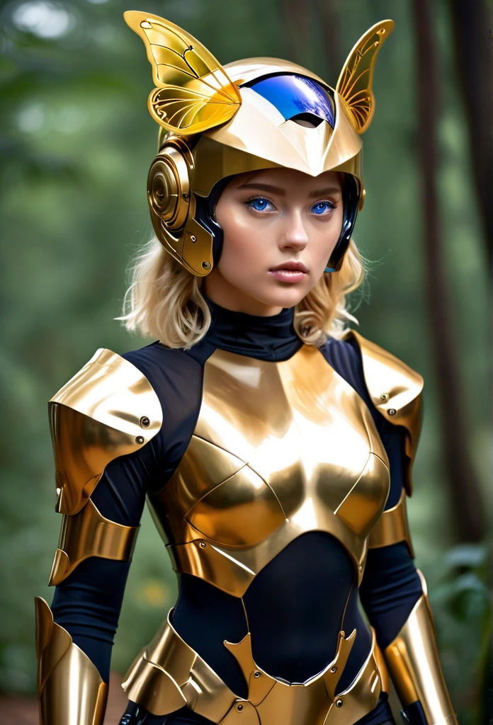 photography, high detail, realistic, ((Dressed from head  to toe in gold metallic romper tight fittings body Armor)) A shiny gold helmet with clear visor for the eyes is on top her head. the girl has blue eyes and Blonde hair. Carries a long broad sword  with a black and mixed gold handle. ((Gold Robot orgami -shaped butterflies are next to her))