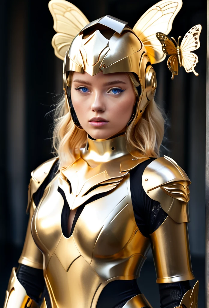 photography, high detail, realistic, ((Dressed from head  to toe in gold metallic romper tight fittings body Armor)) A shiny gold helmet with clear visor for the eyes is on top her head. the girl has blue eyes and Blonde hair. Carries a long broad sword  with a black and mixed gold handle. ((Gold Robot orgami -shaped butterflies are next to her))