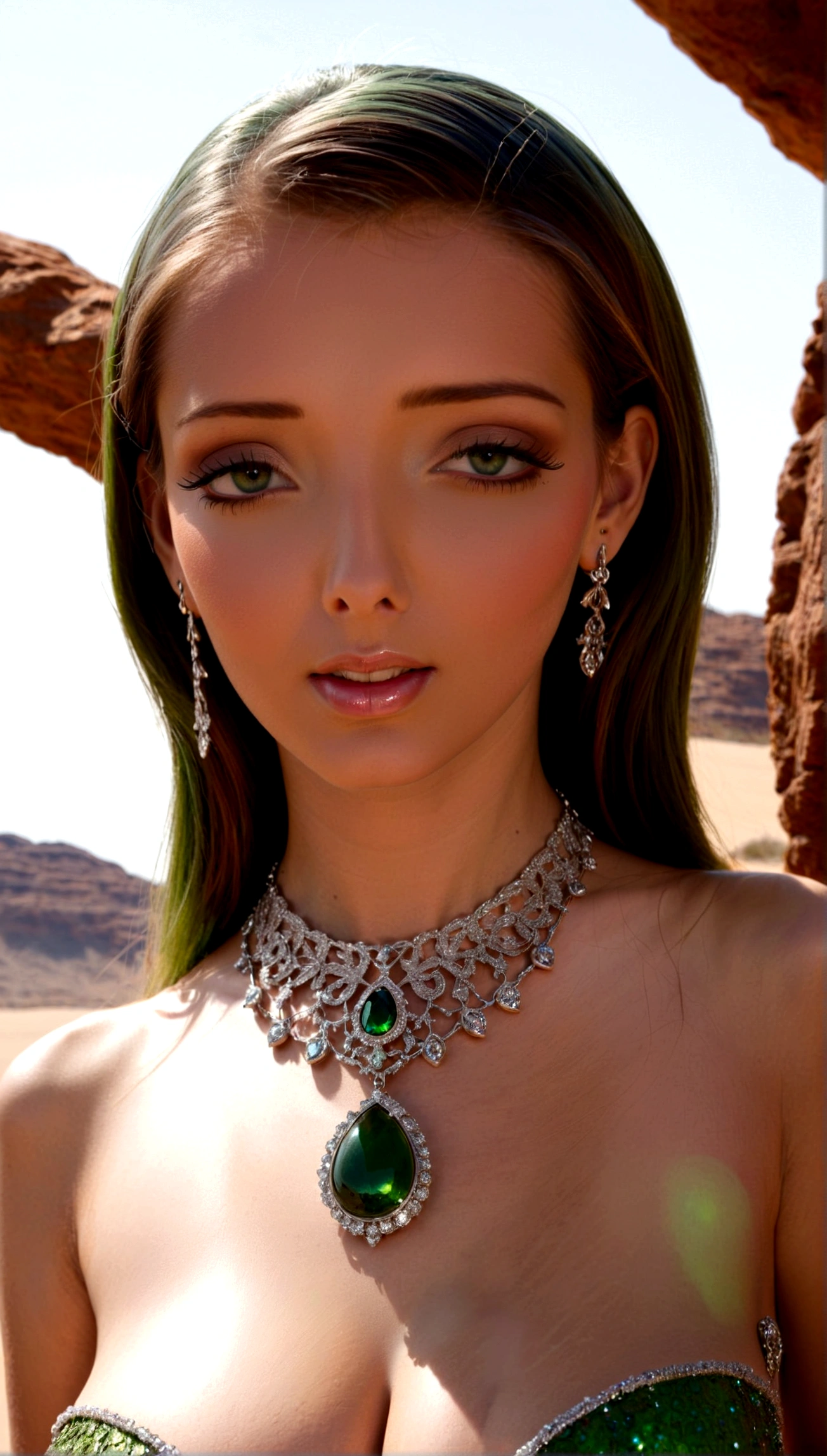 A martian seductress (lovely green skin, sheer sparkly transparent dress, martian jewelry) has come to earth to capture Earth Men, show her head to toe, beach moonlit night