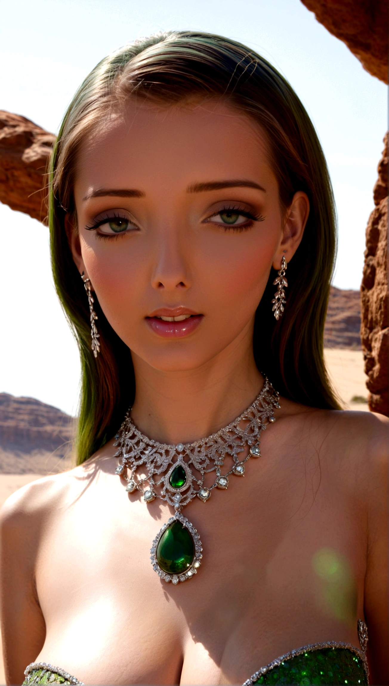 A martian seductress (lovely green skin, sheer sparkly transparent dress, martian jewelry) has come to earth to capture Earth Men, show her head to toe, beach moonlit night