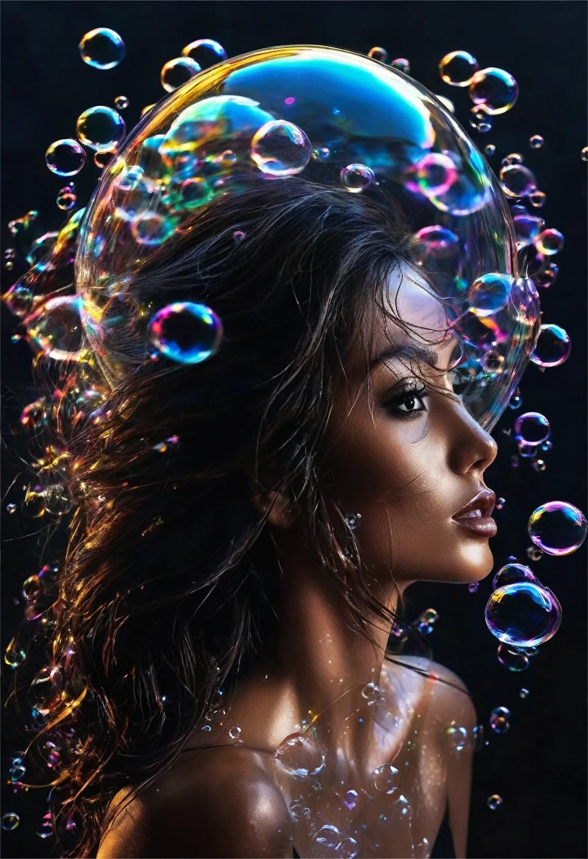 Digital painting of the full-length silhouette of a beautiful, beautiful and unique Brazilian model, perfect face, dark brown eyes and long cascading hair. Surrounded by transparent, clear and shiny soap bubbles that spread into the void in all directions. Very intense and nuanced black background, very intense and dark that contrasts and accentuates the beautiful silhouette of the beautiful model. Color background that contrasts significantly with the image and highlights the joy of living. mysticism+coherent and ultrarealistic