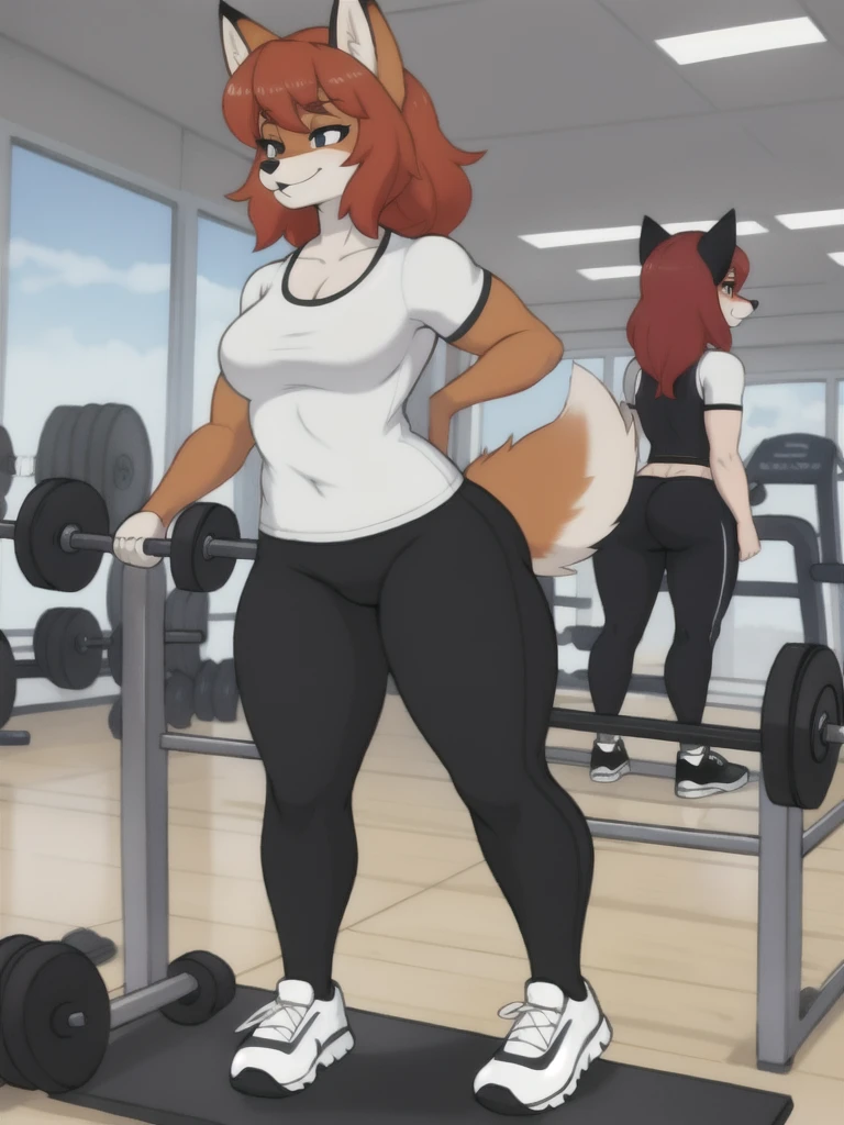 Furry, fox, female, white shirt, black leggings, shoes, gym, teen, full body