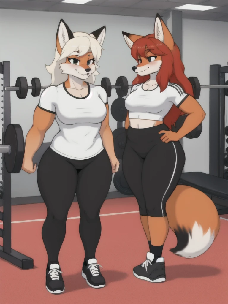 Furry, fox, female, white shirt, black leggings, shoes, gym, , full body