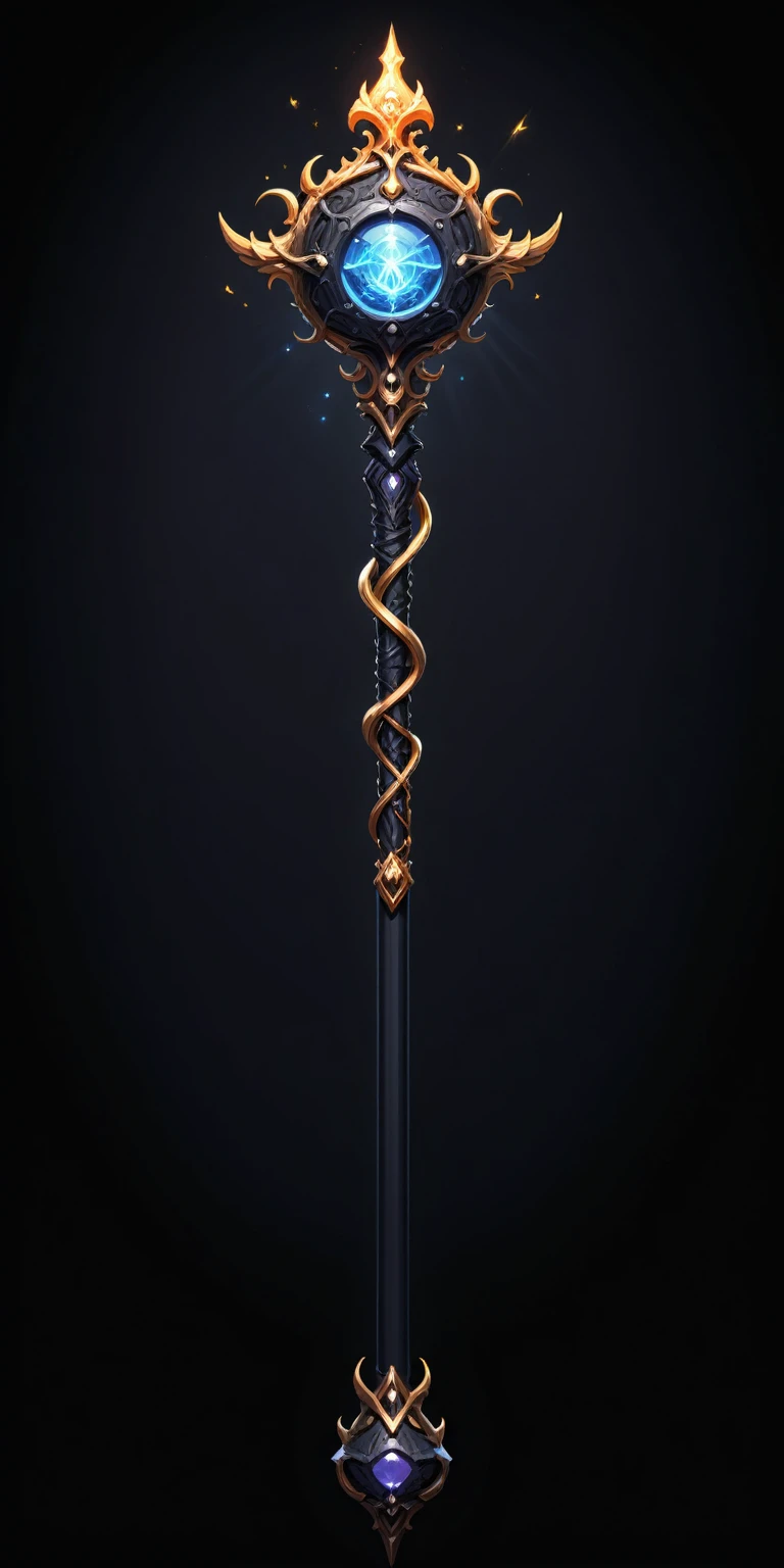 pixel art, cartoon illustration, Divine glavie greatstaff, Powerfull Magical theme, simple black background, RPG game icon 