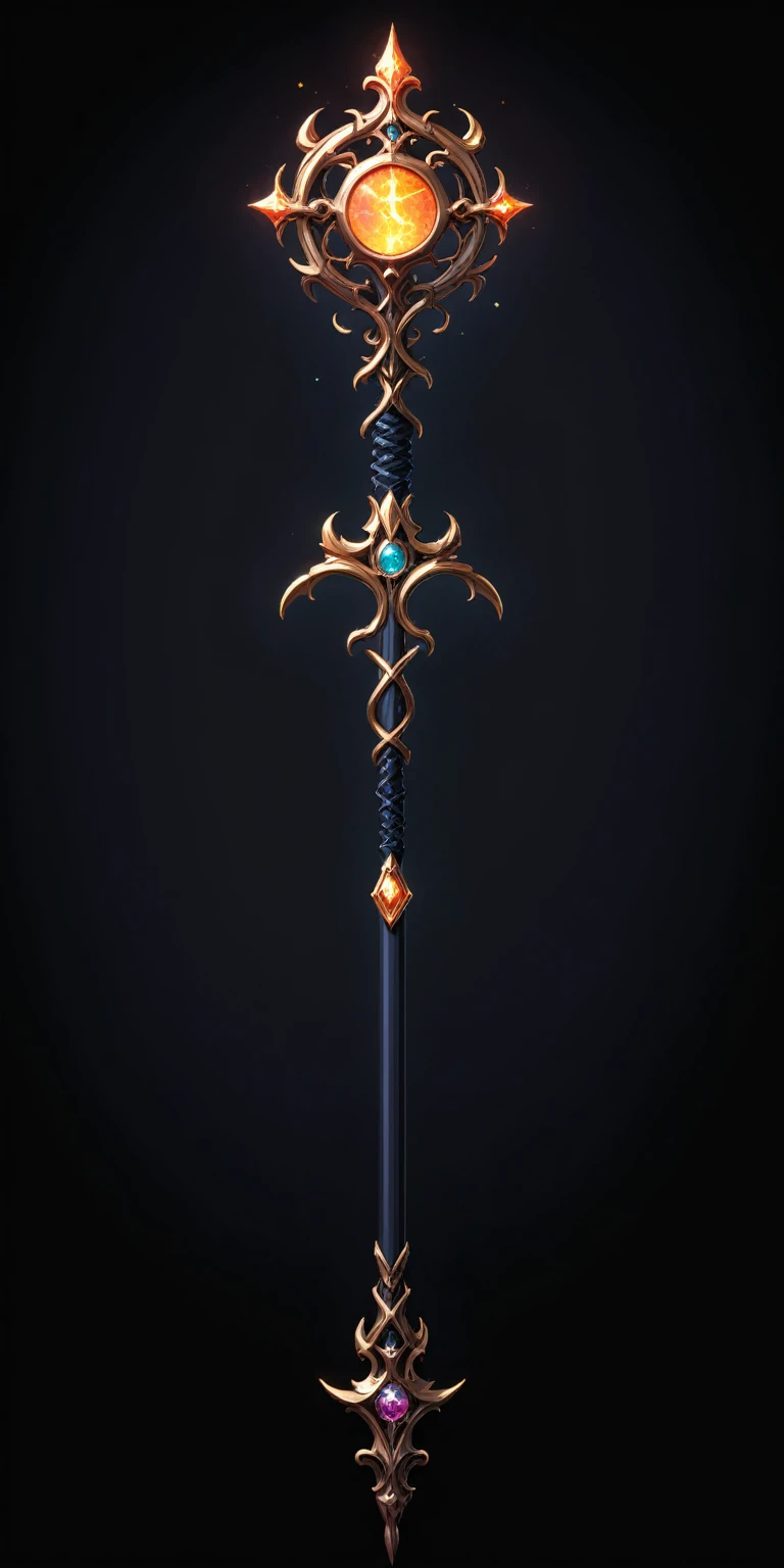 pixel art, cartoon illustration, Divine glavie greatstaff, Powerfull Magical theme, simple black background, RPG game icon 