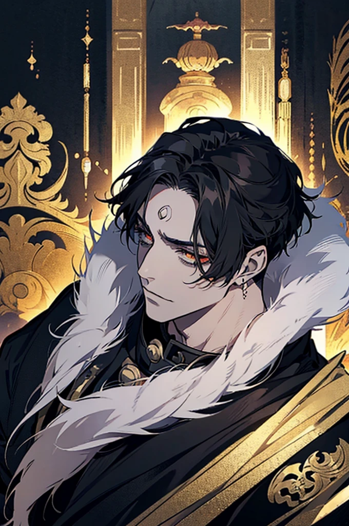 anime, male with two black horns, golden glowing eyes, bangs, beautiful, handsome japanese demon, detailed digital anime art, black hair, anime handsome man, male anime character, inspired by tite kubo, mid 20s, masterpiece, light pencil strokes