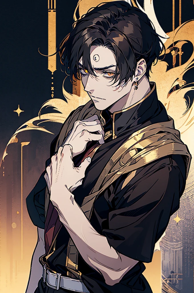 anime, male with two black horns, golden glowing eyes, bangs, beautiful, handsome japanese demon, detailed digital anime art, black hair, anime handsome man, male anime character, inspired by tite kubo, mid 20s, masterpiece, light pencil strokes