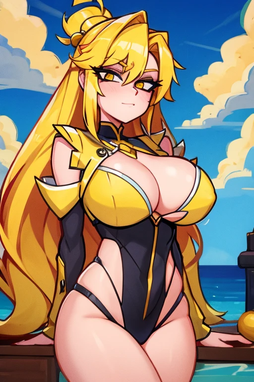 Busty yellow haired girl in exotic clothing