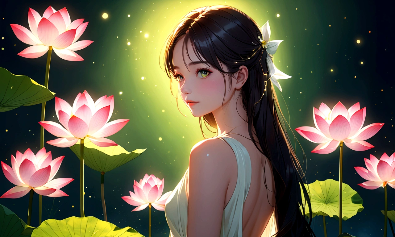 masterpiece, best quality:1.2), Digital Art Style, Charming illustrations,Peace Pictures,1 girl, beautiful eyes,Tall lotus,Solitary,Body Glow,glowing line,Fluorescence,Glow Example,Sample trace,flash,萤Light Particles,Backlight,translucent,Light Particles,Correct human anatomy,