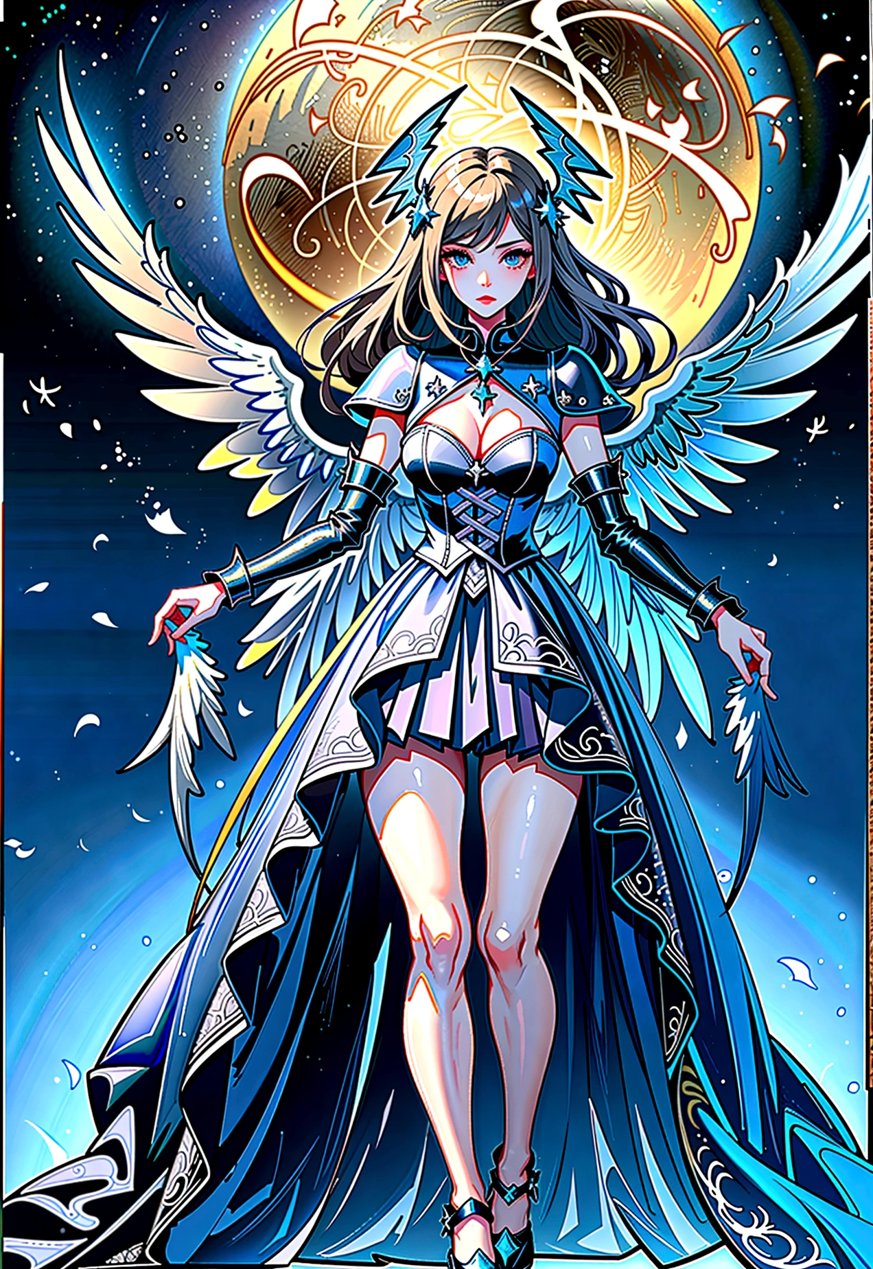 (((masterpiece))) (((highest quality))) (((8k resolution))) Queen in power armor, (gothic style), (full body shot 1.2), bellybutton, The most beautiful and sexy angel goddess, with long light brown hair, and glowing blue eyes, wearing intricate white gothic battle armor, angel wings, standing majestically in front of a gothic castle. ((perfect illumination)), a radiant glowing aura surrounds her, highlighting her divine presence and ethereal beauty, as she stands ready to defend her realm. The intricate details of her armor shimmer under the moonlight, and her angelic wings spread wide, casting an awe-inspiring shadow. Her glowing blue eyes exude both kindness and immense power, making her the epitome of grace and strength.