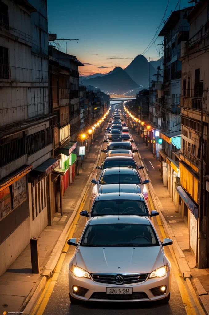 Make a cover for a book, em estilo de pintura, onde o fundo vai ser no Rio de Janeiro, em um belo entardecer, where one and a half cars appear in the image, where you can see the headlights of the other car, the headlights must be on