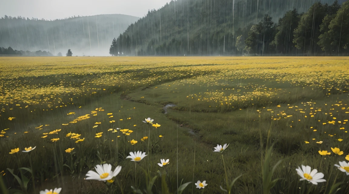 Quiet landscape with no people, no flowers blooming, closeup near the ground of a deep green meadow wet with rain. Lots of rain falling on an empty mirror-like surface, raining all the way down, overcast sky beyond the meadow, rainy landscape, photography, best quality, high quality, Highres:1.4, detail, highly detailed, ambient soft lighting, 4K, background, depth of field,