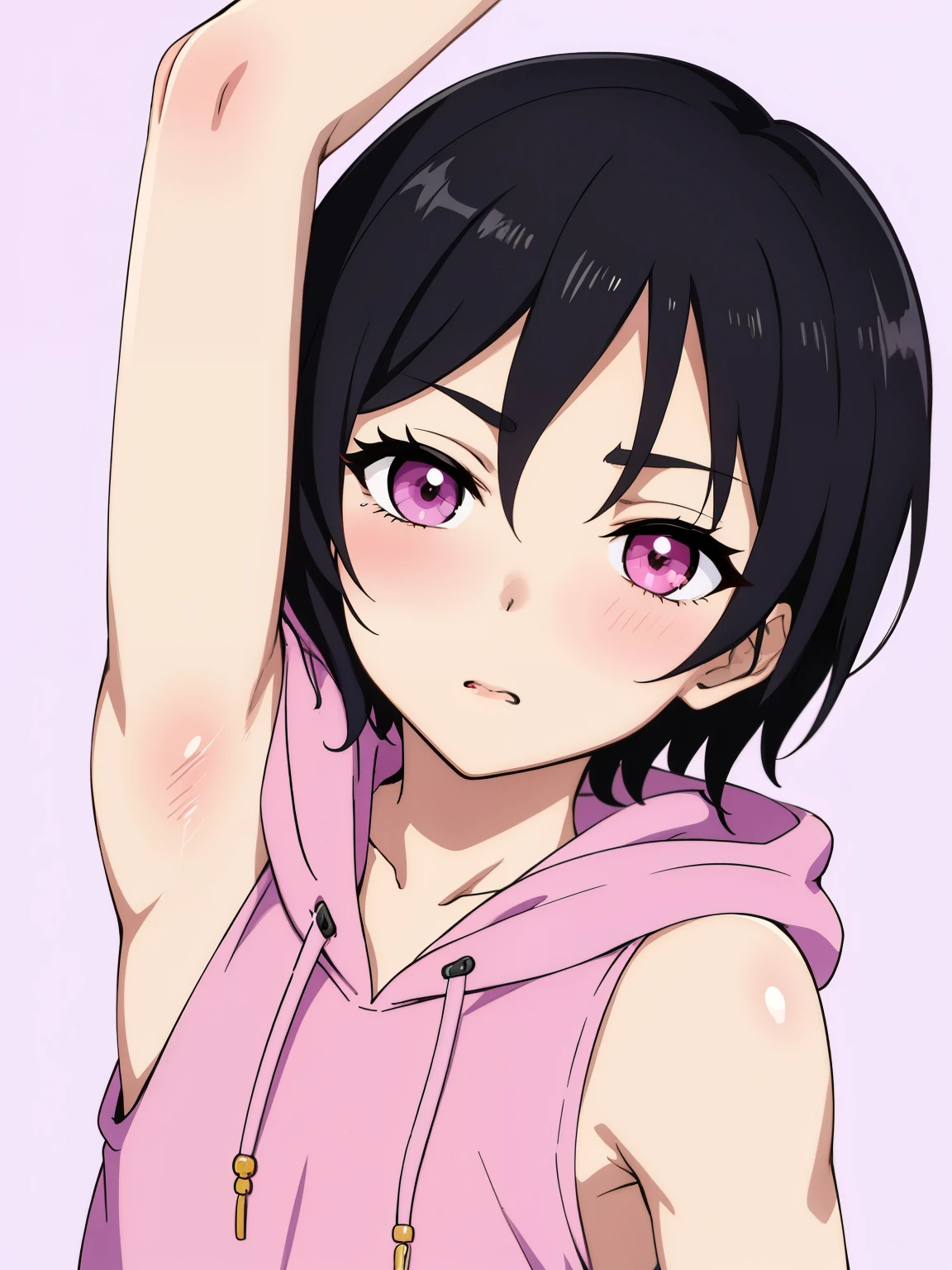 Highres, Masterpiece, Best quality at best,Best Quality,hight quality, hight detailed, Anime style, 1boy, Shota, Pink hoodie, Sleeveless hoodie, Seen from the front, look at viewer, body, pink eye, (Very young boy), (Very small and short body), -yeld bo Such a cute smooth armpit, Focus on the armpit, Pink armpit, cute armpit, sexy armpit, beautiful armpits, seductive armpits, a Boy cutely shows his armpit, hansome boy, shiny skin, Uhd, 4k wallpaper