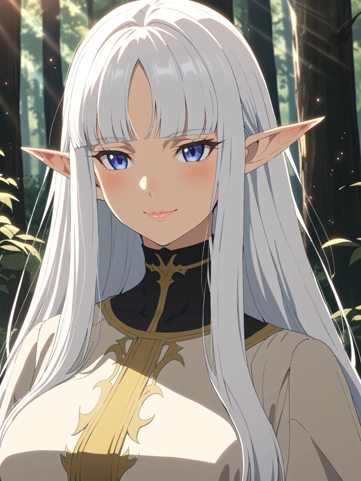 {{portrait, face focus}} {{Artist: Sincos}} 1 woman, solo, mature female, elf elegant, princess, pointy ears, blue eyes, long hair, straight hair, white hair, blunt bangs, lips, large breasts, light smile, white tabard, gold trim, black collar, black undershirt, outdoors, forest, sunlight, light particles, medieval fantasy.