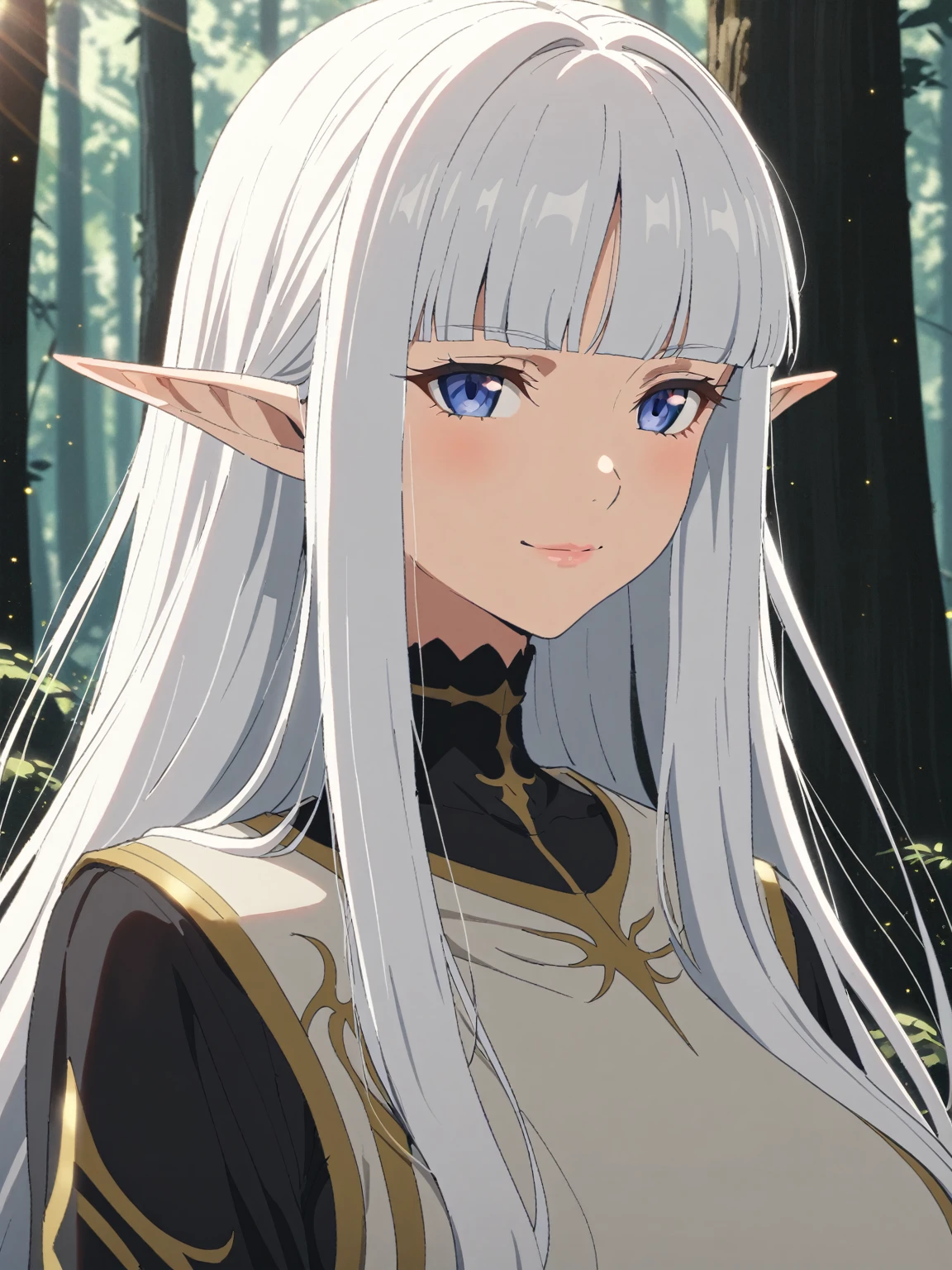 {{portrait, face focus}} {{Artist: Sincos}} 1 woman, solo, mature female, elf elegant, princess, pointy ears, blue eyes, long hair, straight hair, white hair, blunt bangs, lips, large breasts, light smile, white tabard, gold trim, black collar, black undershirt, outdoors, forest, sunlight, light particles, medieval fantasy.