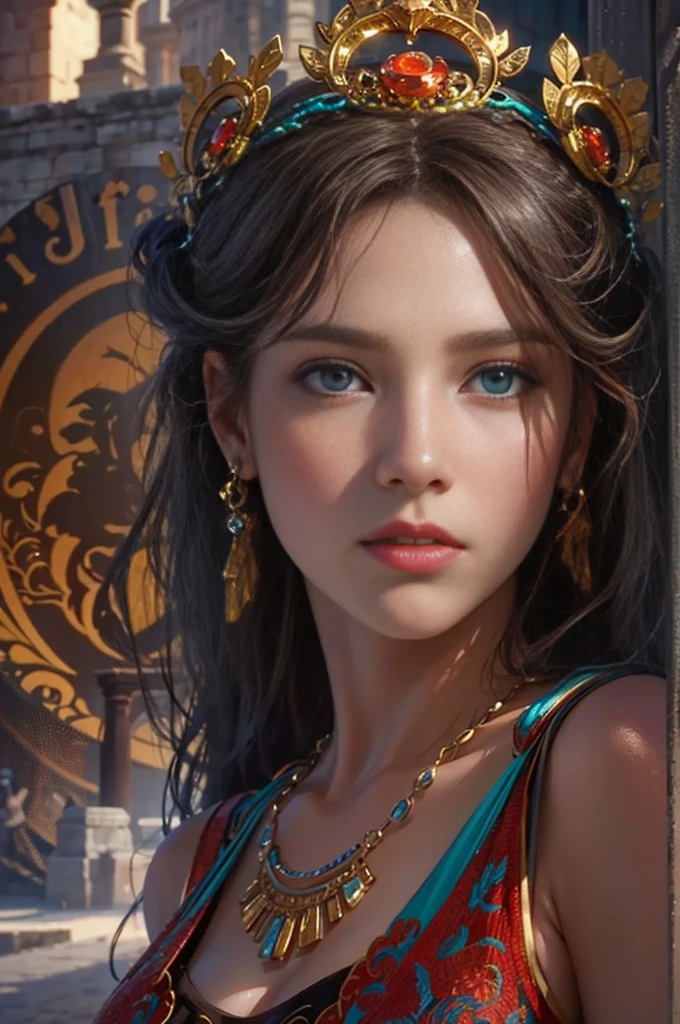 (Movie Premiere Poster 1.8)， It depicts Lucia, Princess of the Ancient Roman Empire, intense blue eyes，She was the daughter of the ancient Roman emperor Marcus Aurelius，Commodus's younger sister。After the death of her husband，She lives with her son。Long dark brown hair，Pair it with a delicate necklace，Delicate earrings，She was 14 years old，Dress up in a gorgeous and sexy evening dress，Stand in the Colosseum，Be interviewed，，Photo taken in 2001，8K, High definition, Detailed face, Detailed eyes，Hyper-realistic, + cinema shot + Dynamic composition, Incredibly detailed, Sharpen, Cinematic, warm lights, Light effect, Dramaticlight, (Intricate details:1.1), the complex background, (greg rutkovsky:0.8), (Teal and orange:0.4），Correct anatomy，